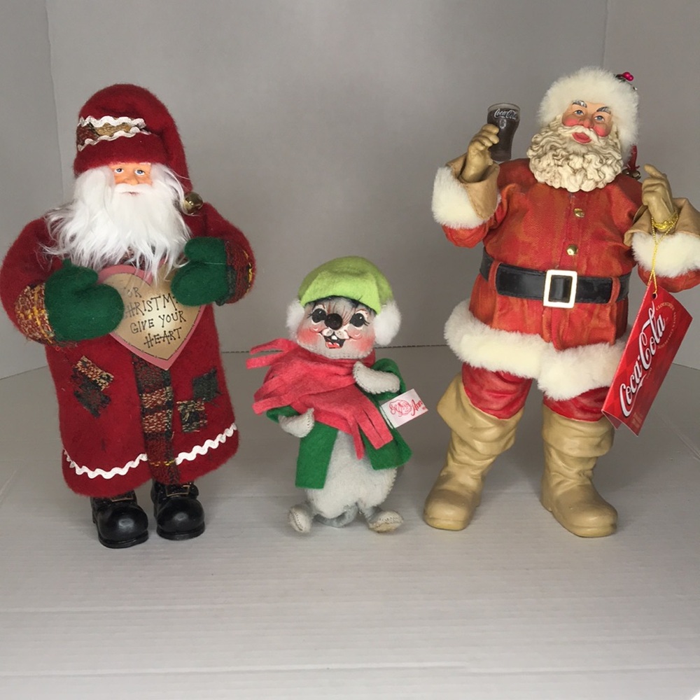 TWO Santas and Annalee Elf Mouse Coca Cola Santa Christmas Decor 3-piece Group